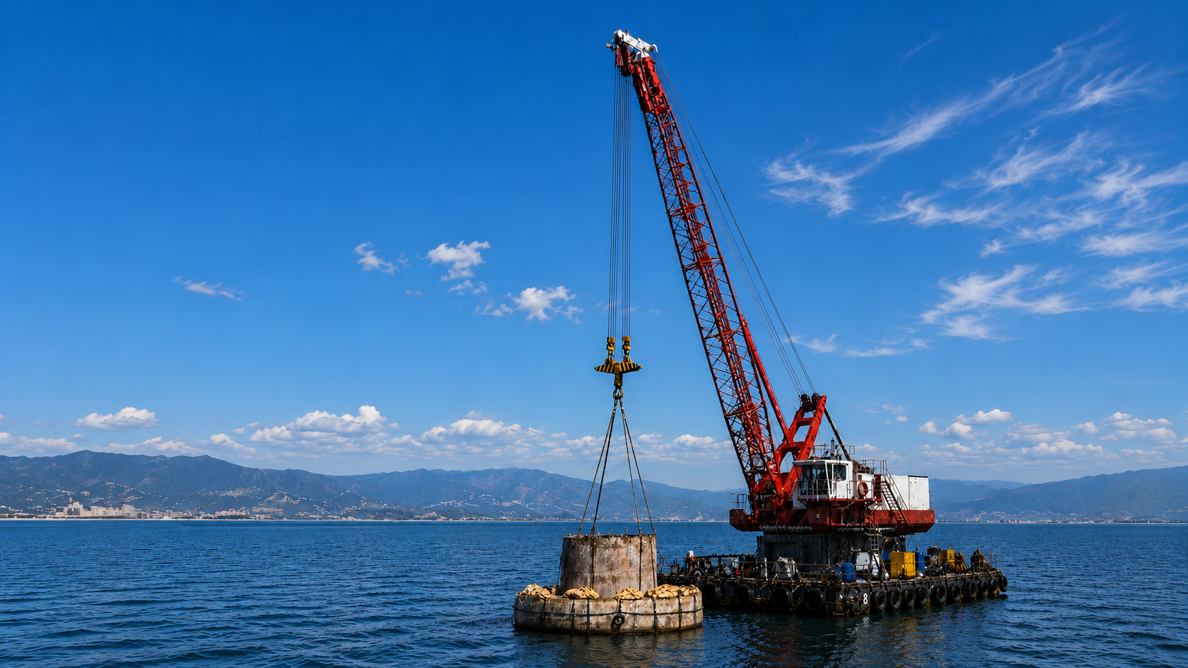 Floating crane lowering a concrete caisson for a seawater intake